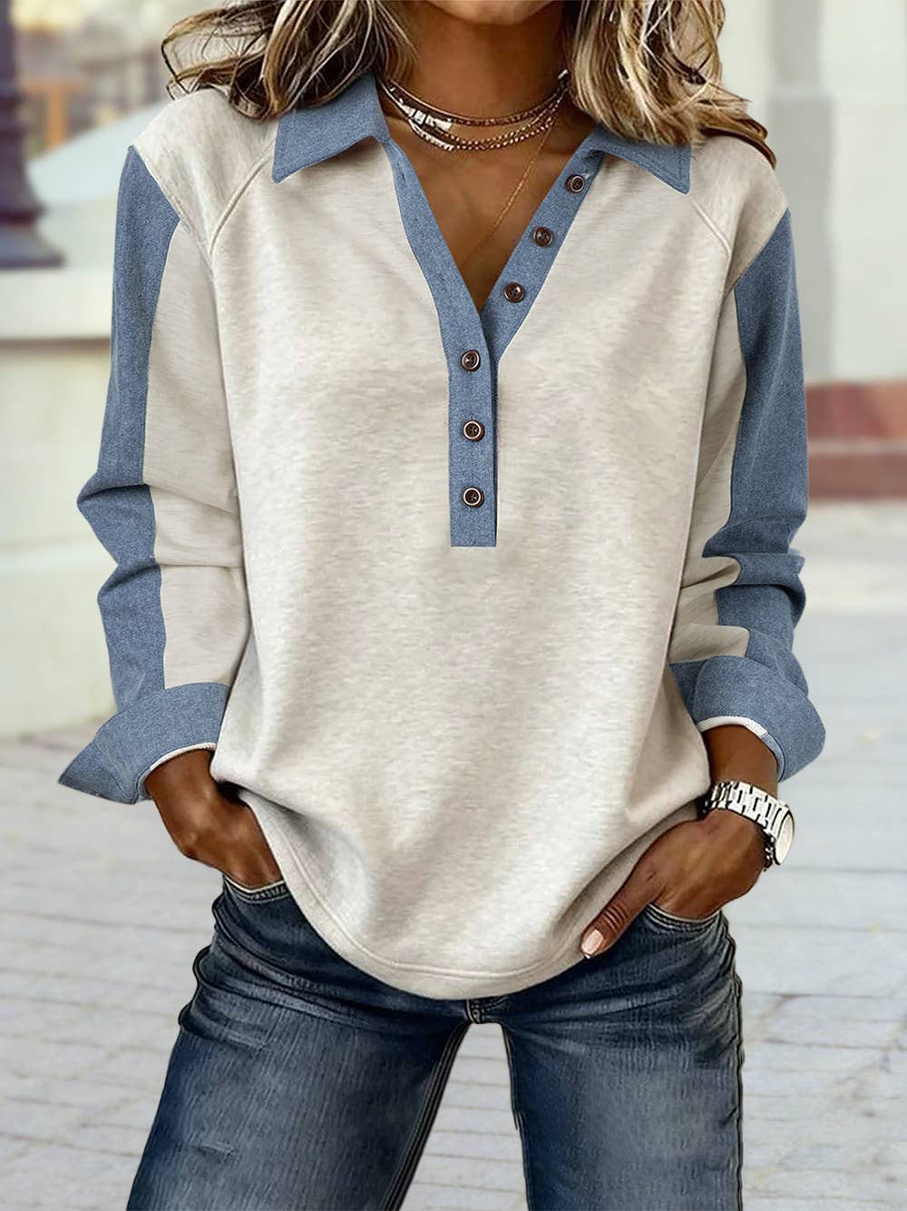 Spring Denim Patchwork Buttoned Polo Collar Long Sleeve Top