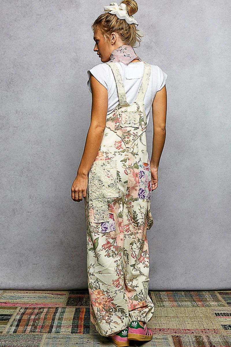 Printed Lace Patch Trim Strap Relaxed Fit Jogger Overall