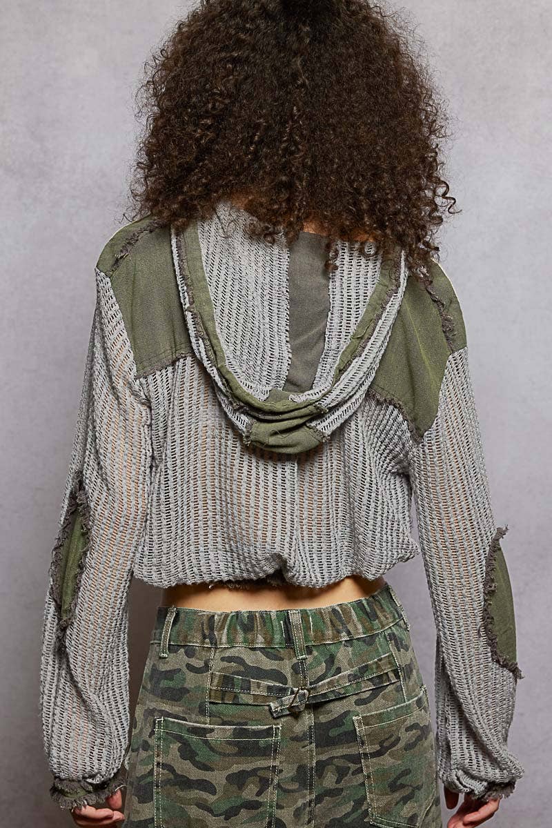 Open Knit Button Down Pocket Front Hooded Shirt Top SALE