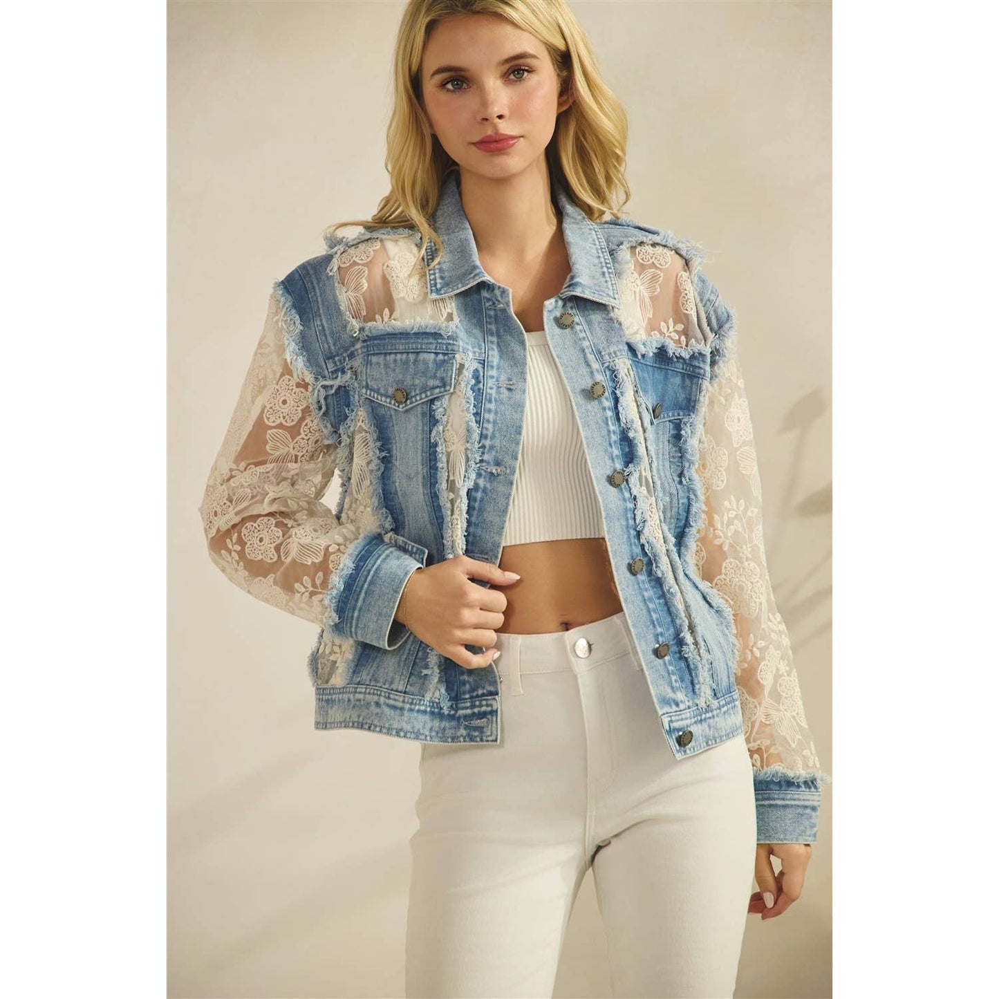 Denim Jacket with Floral Organza Inset