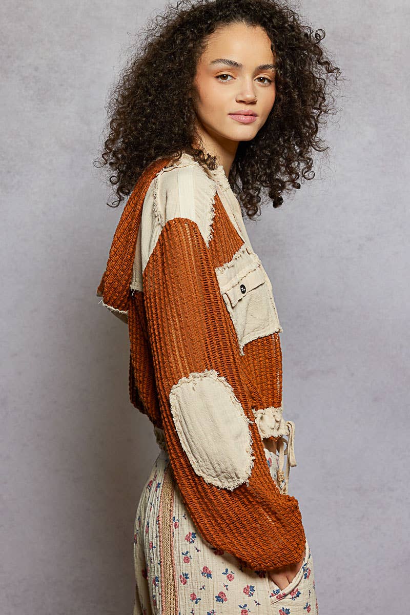 Open Knit Button Down Pocket Front Hooded Shirt Top SALE