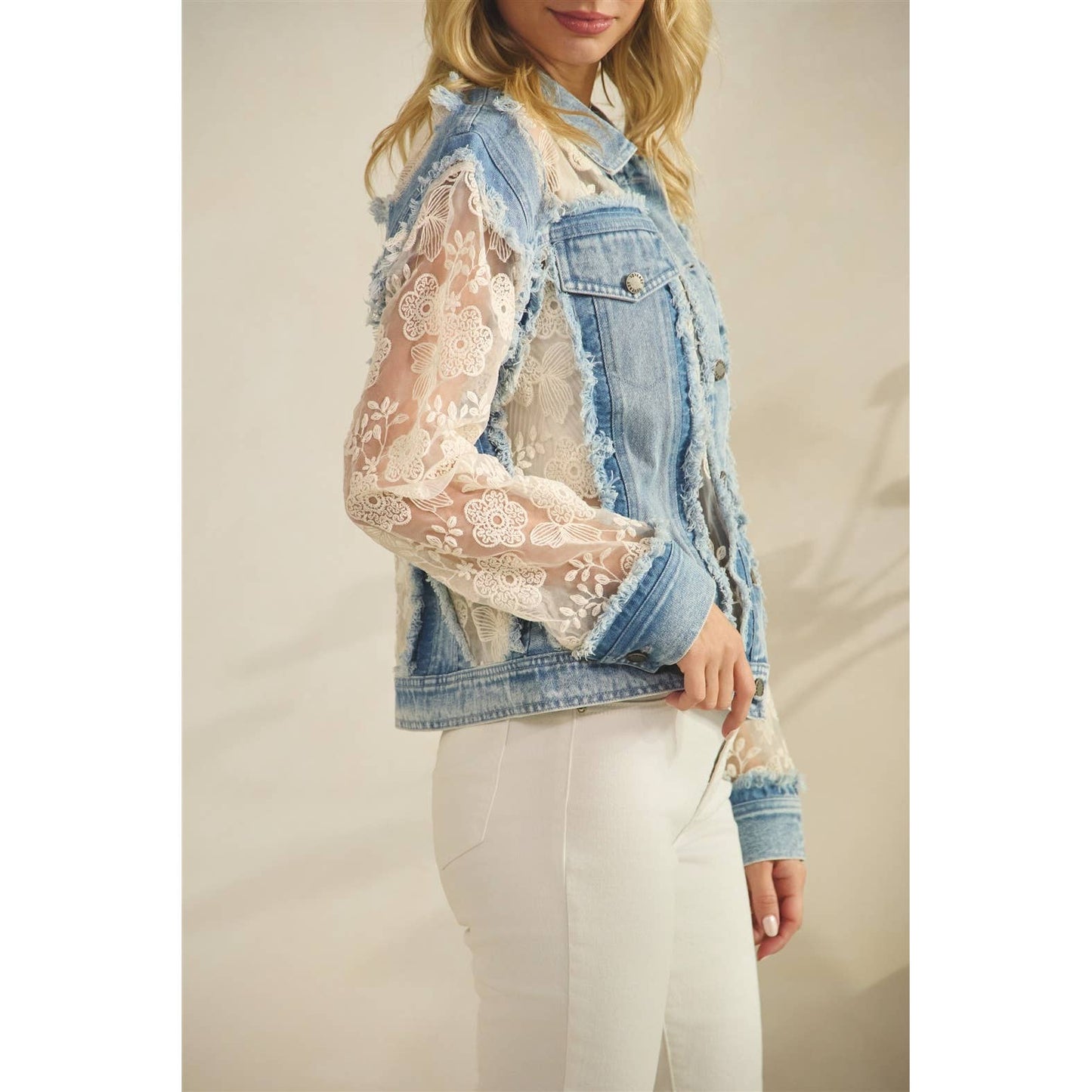 Denim Jacket with Floral Organza Inset