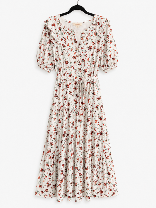 Vintage Floral Ruffle Collar Midi Dress