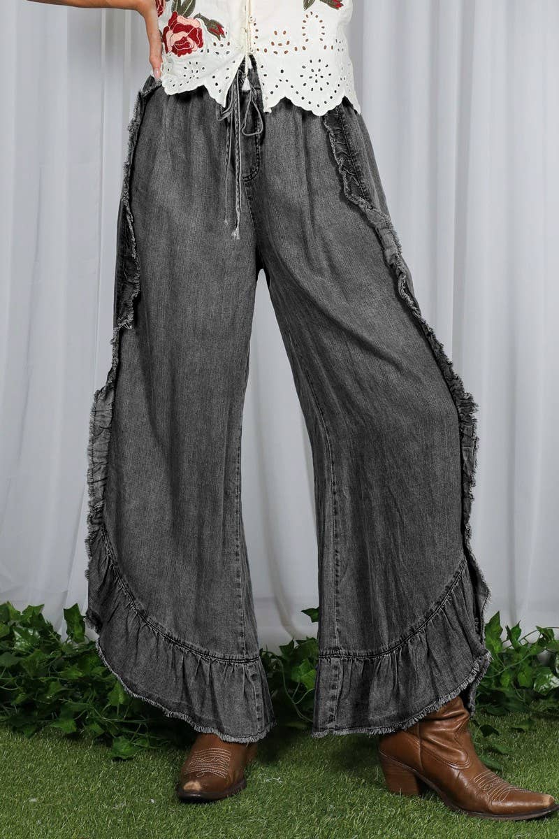 Flared Ruffle Hem Washed Chambray Crop Denim Pants