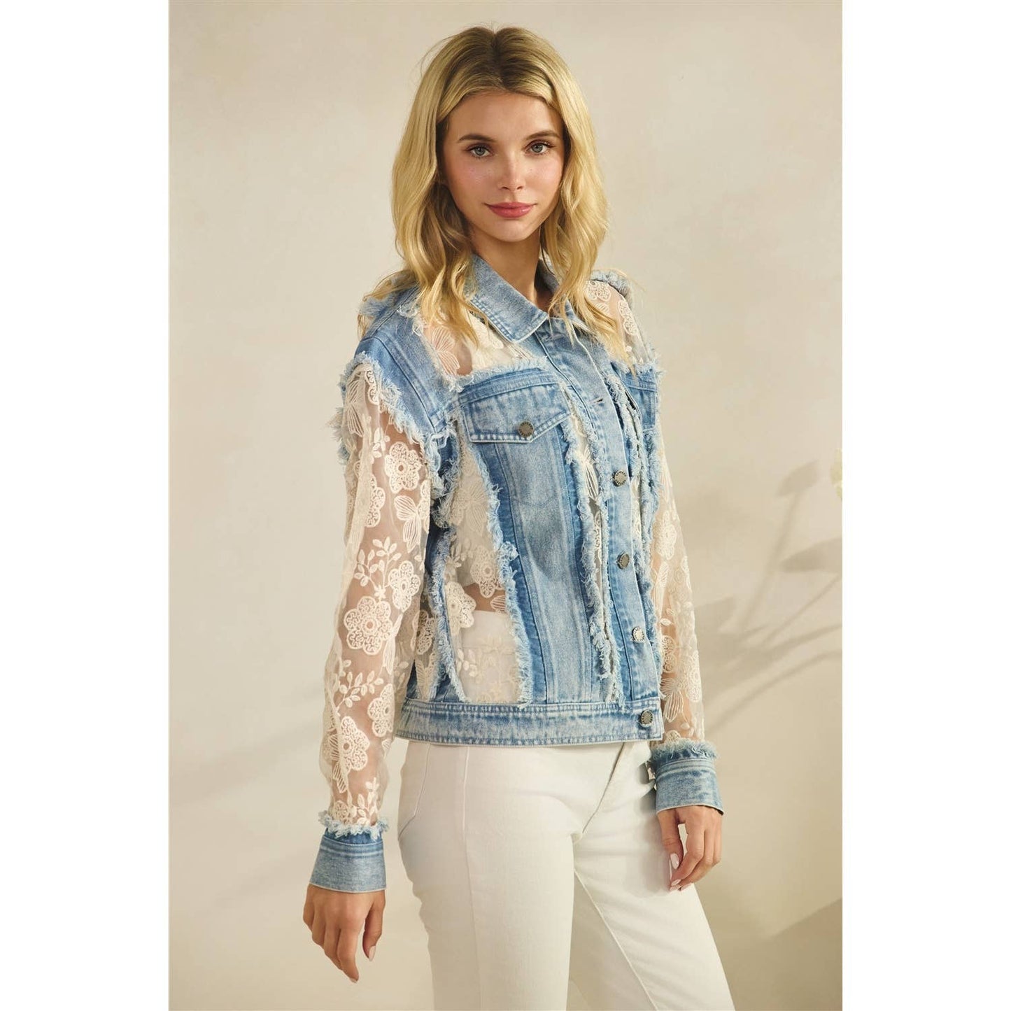 Denim Jacket with Floral Organza Inset
