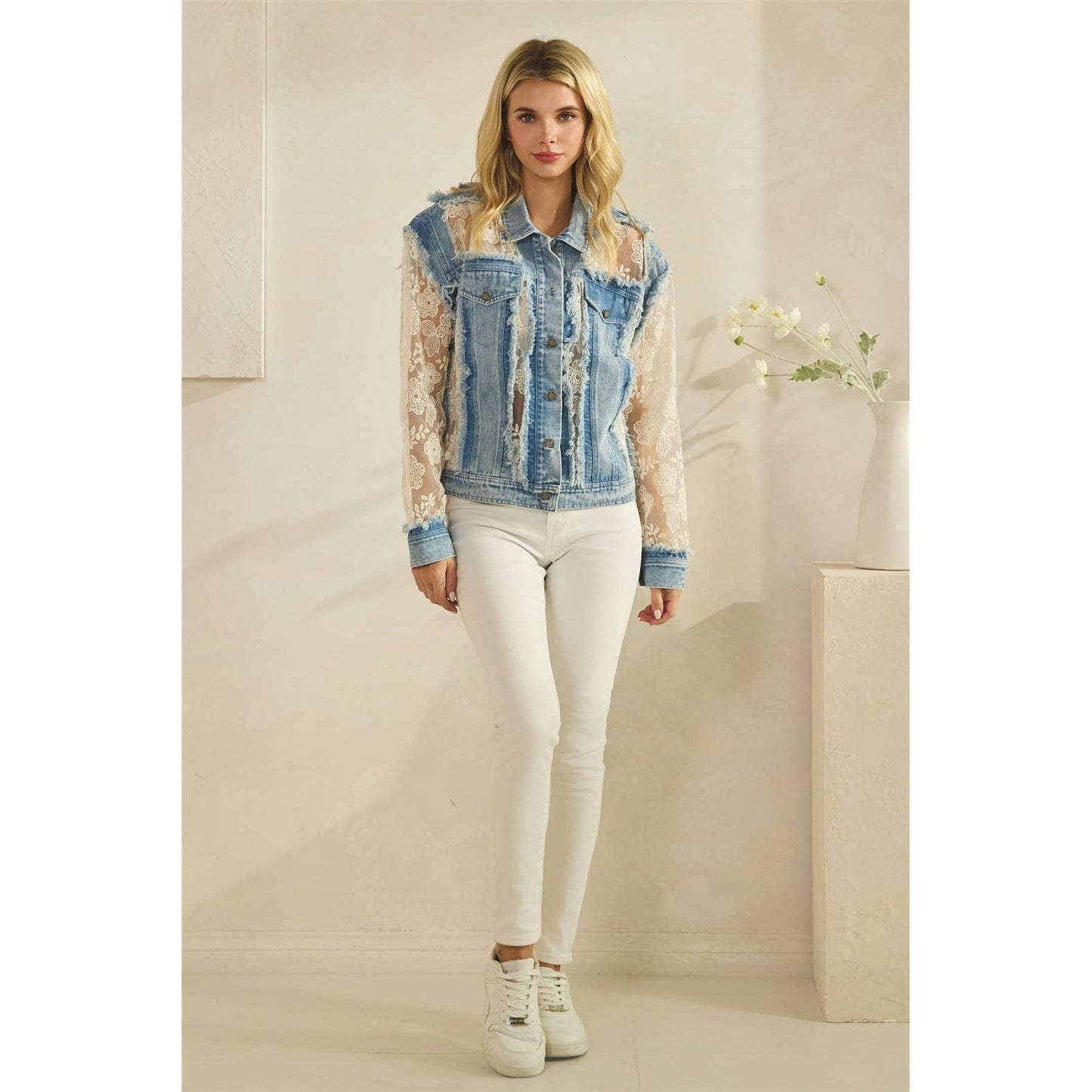Denim Jacket with Floral Organza Inset