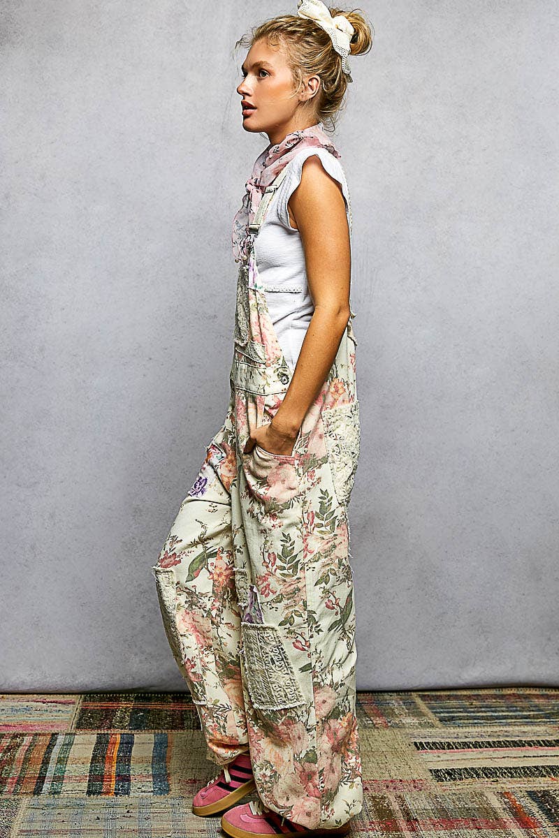 Printed Lace Patch Trim Strap Relaxed Fit Jogger Overall