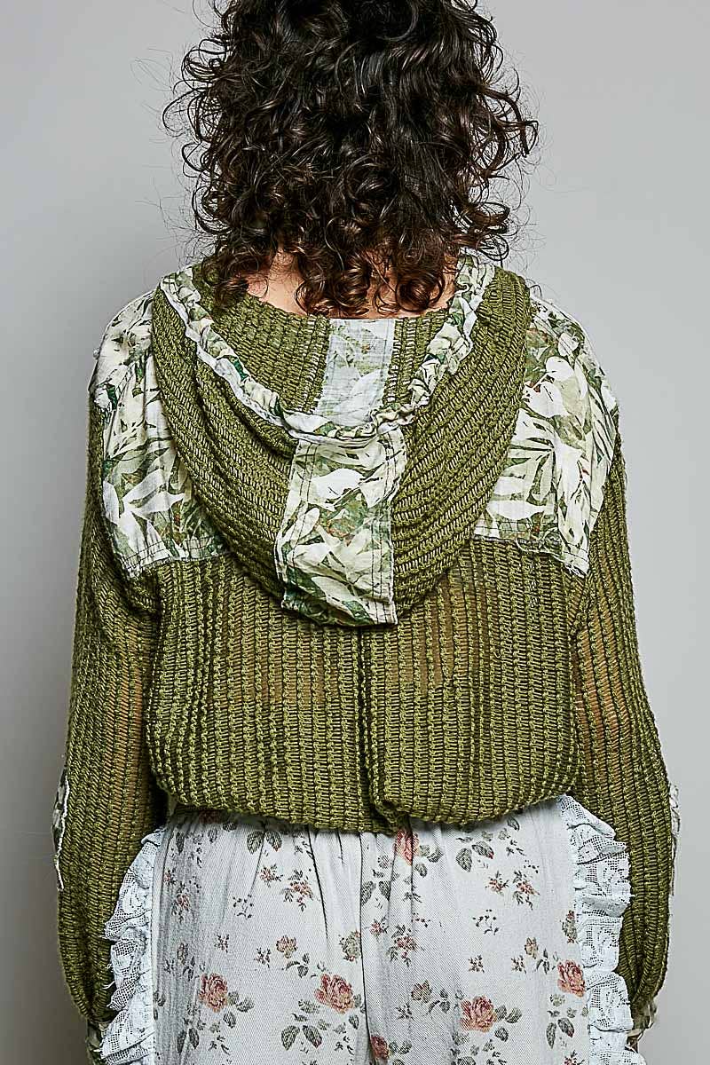 Vintage Washed Floral Print Patch Crochet Jacket