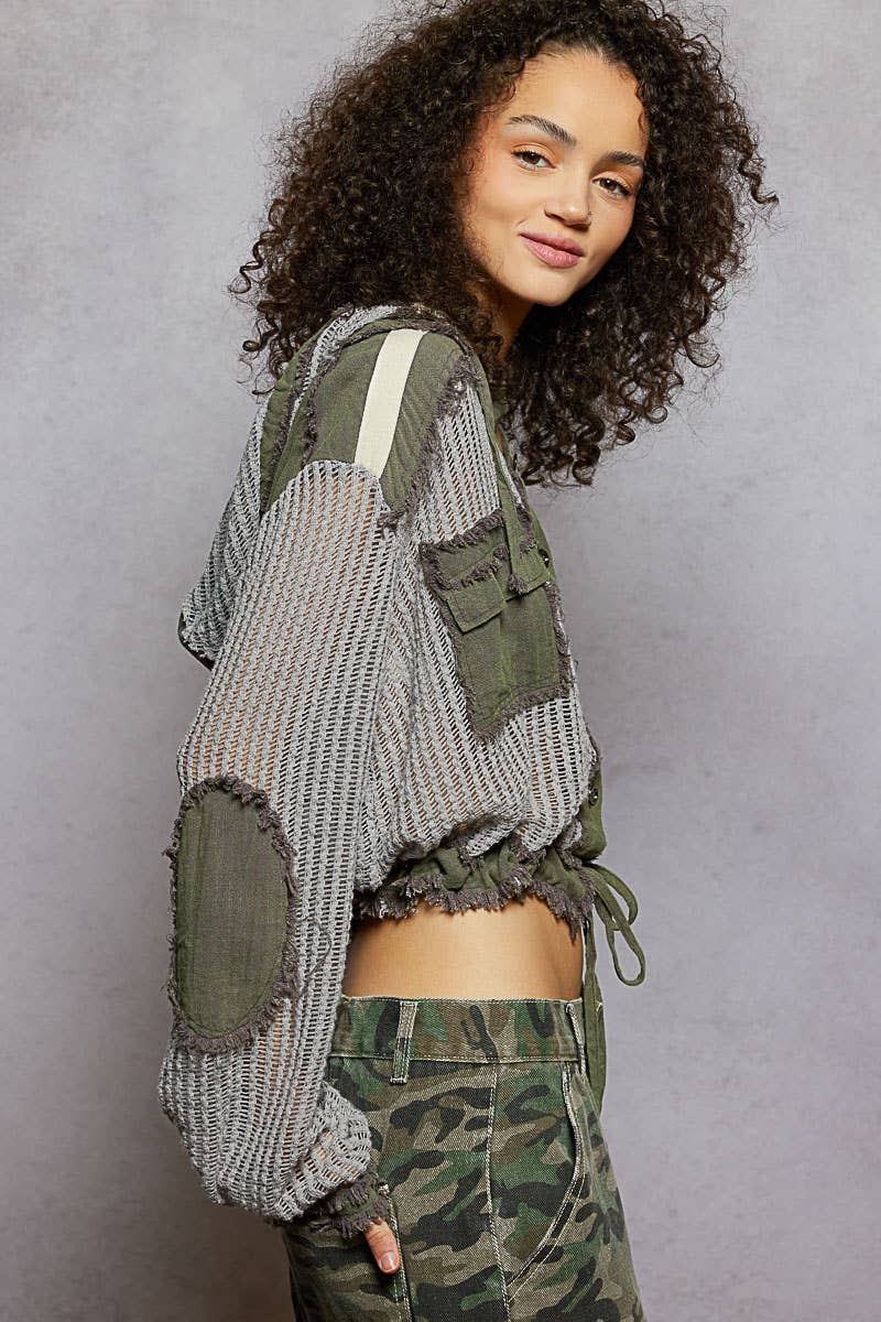 Open Knit Button Down Pocket Front Hooded Shirt Top SALE