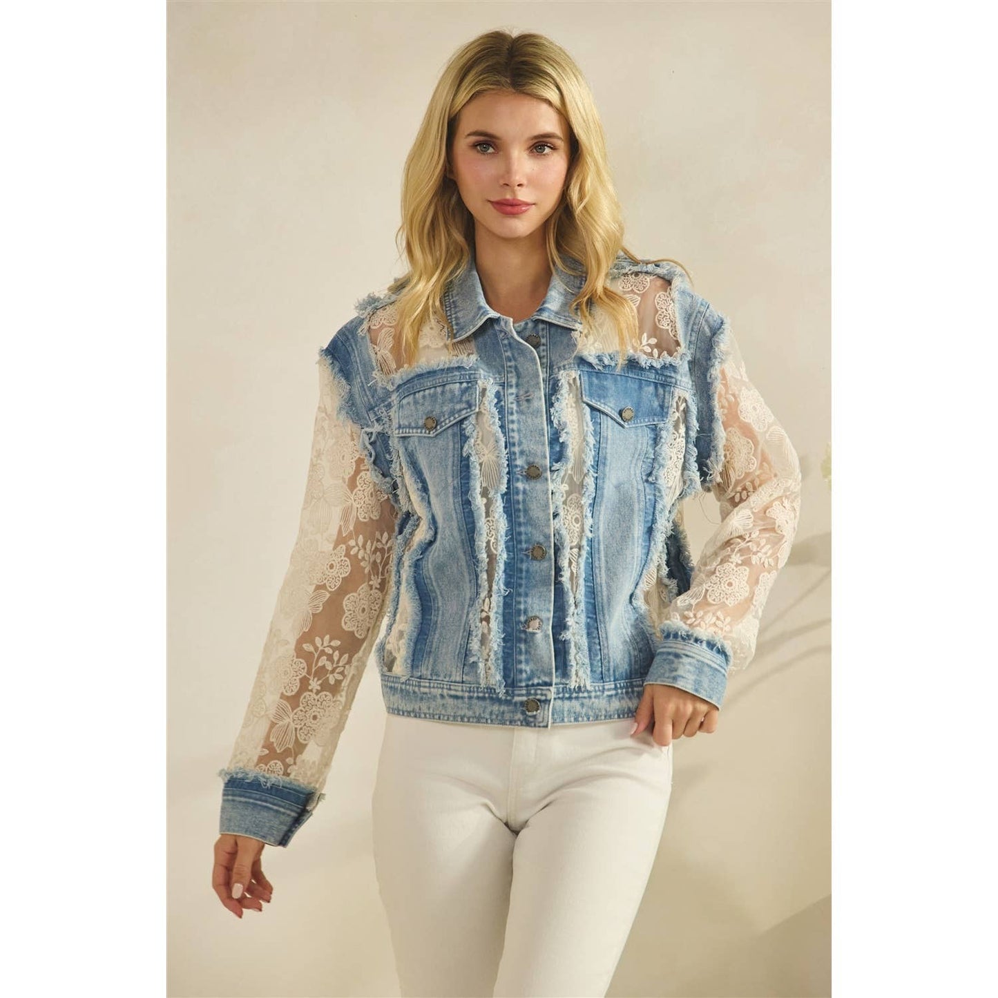 Denim Jacket with Floral Organza Inset