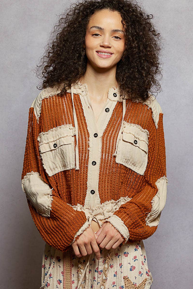 Open Knit Button Down Pocket Front Hooded Shirt Top SALE