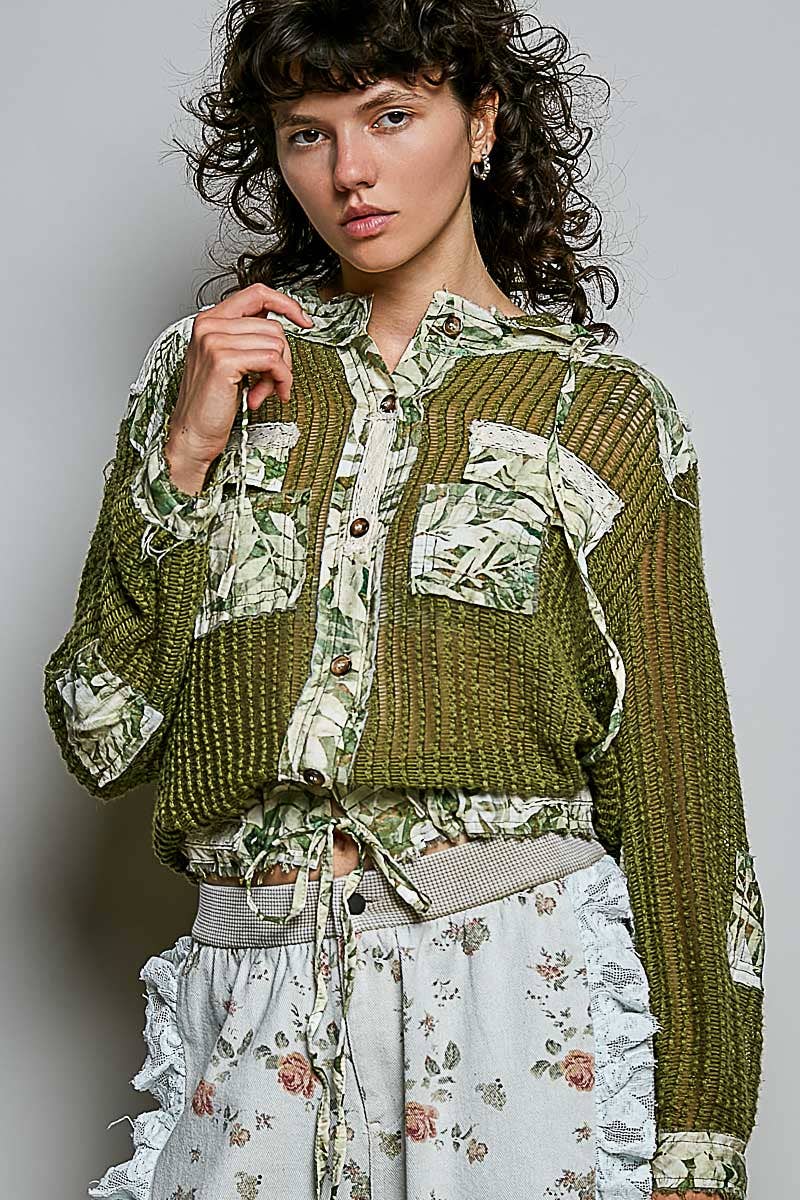 Vintage Washed Floral Print Patch Crochet Jacket