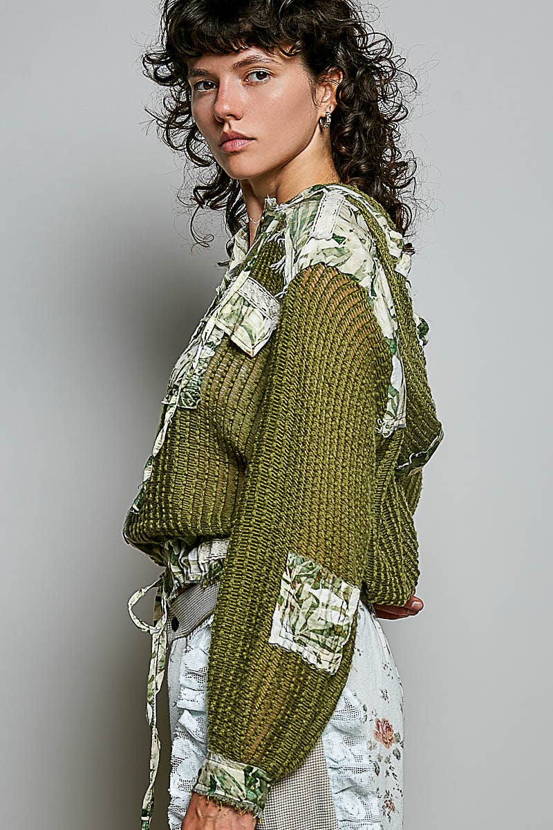 Vintage Washed Floral Print Patch Crochet Jacket
