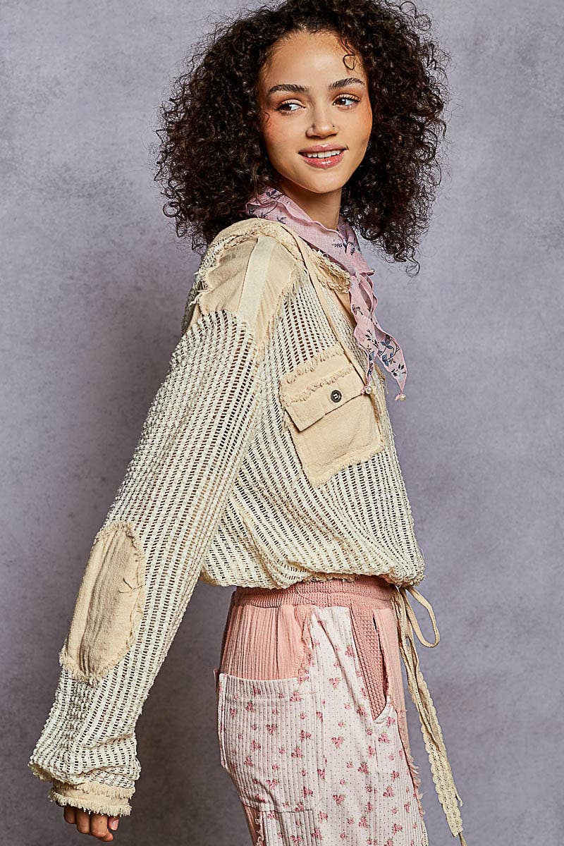 Open Knit Button Down Pocket Front Hooded Shirt Top SALE