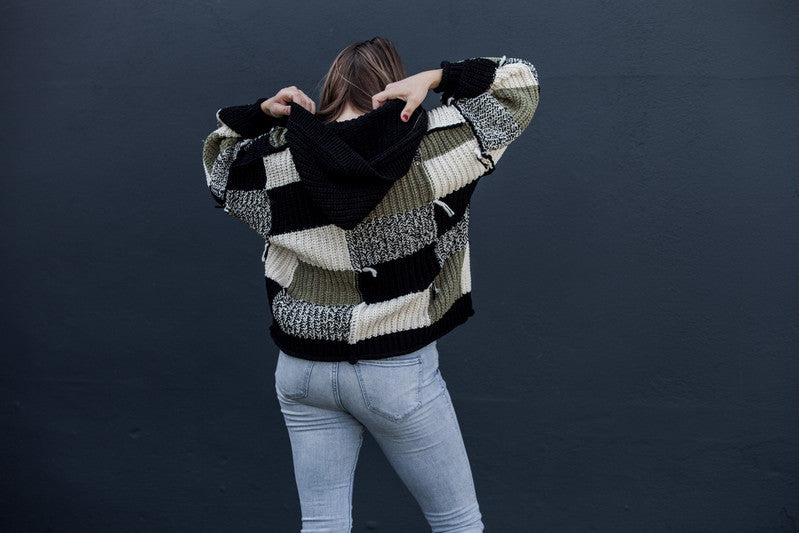 Olive color block fray sweater