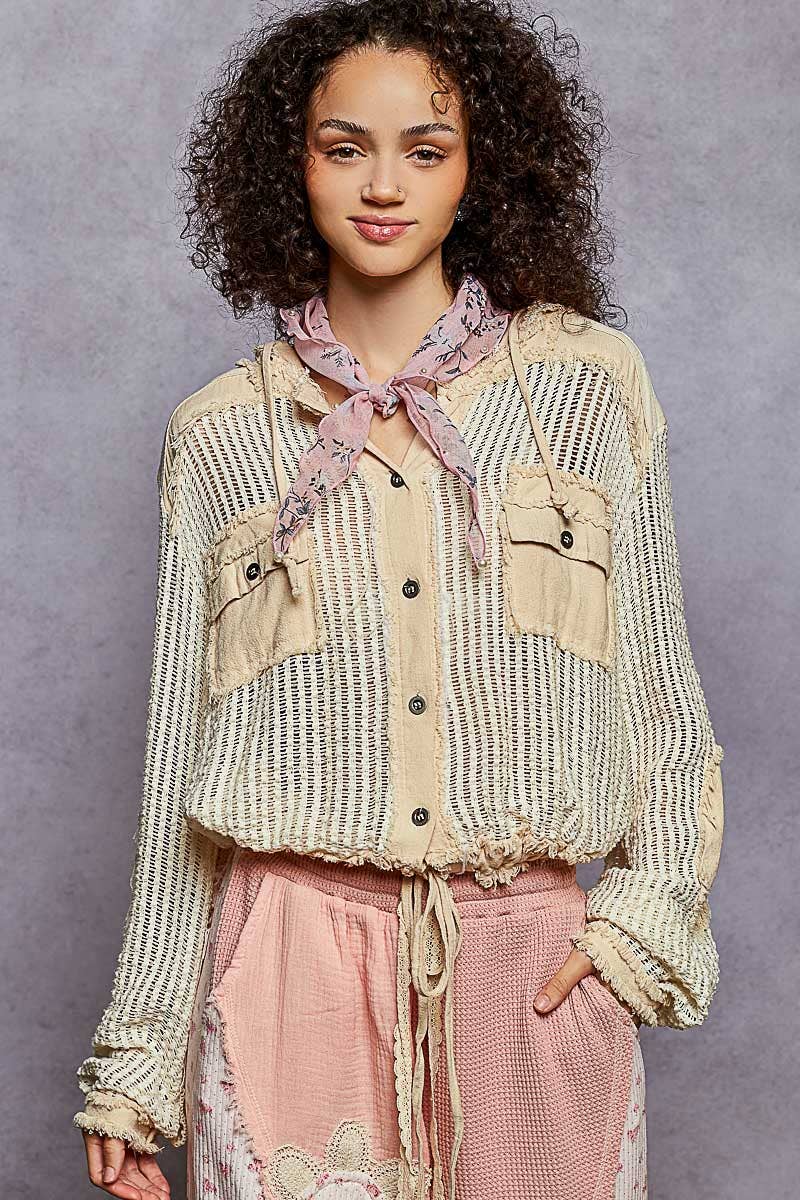 Open Knit Button Down Pocket Front Hooded Shirt Top SALE