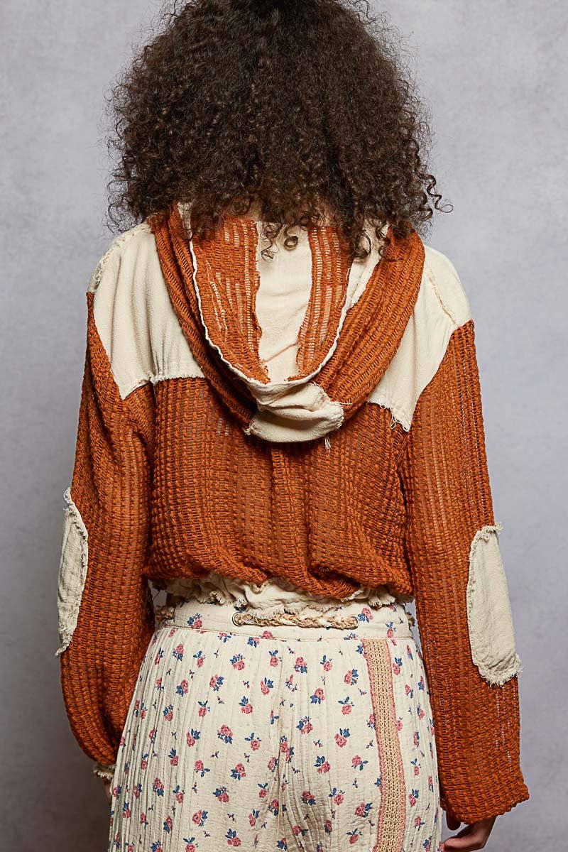 Open Knit Button Down Pocket Front Hooded Shirt Top SALE