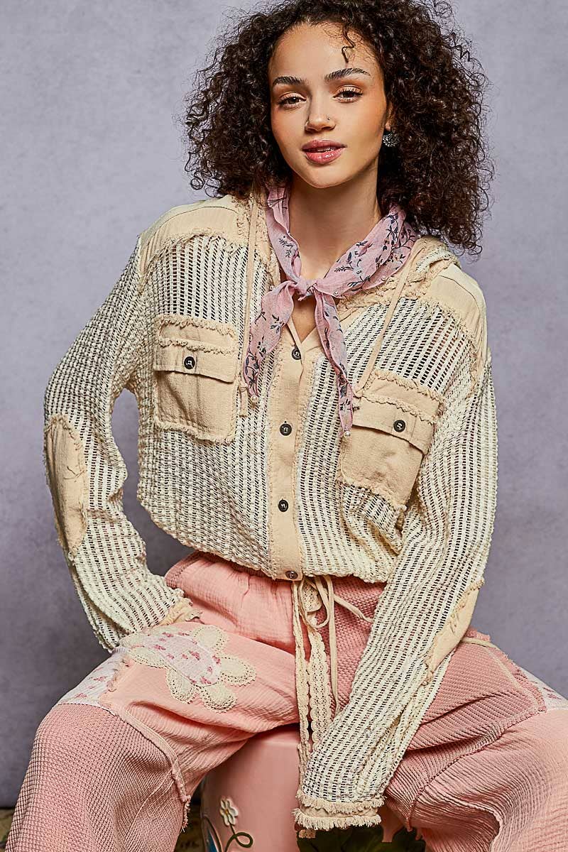 Open Knit Button Down Pocket Front Hooded Shirt Top SALE