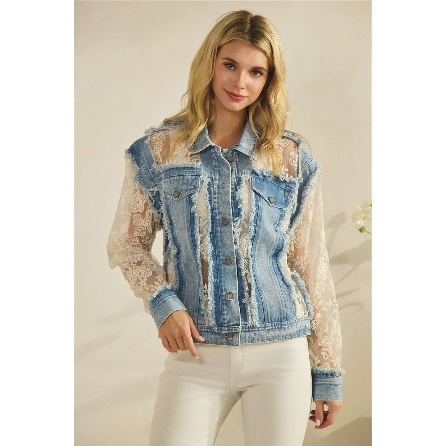 Denim Jacket with Floral Organza Inset