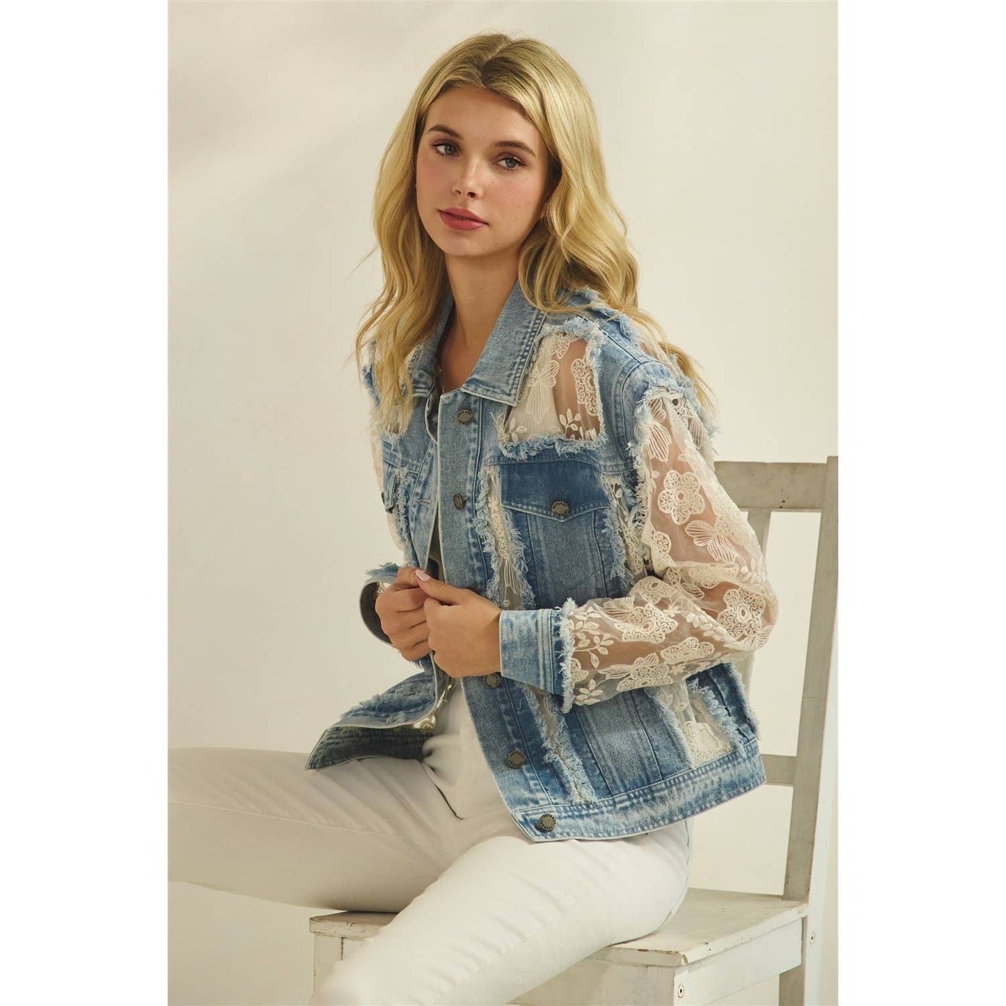 Denim Jacket with Floral Organza Inset