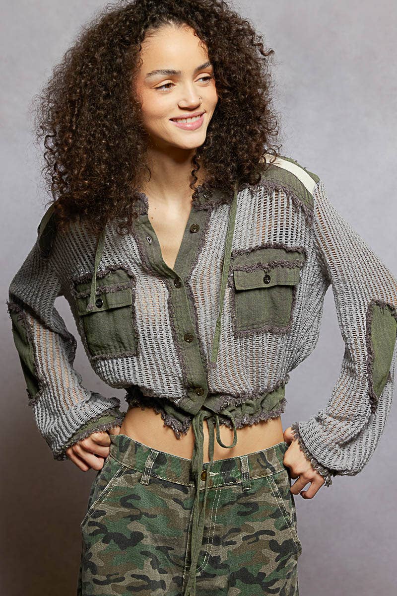 Open Knit Button Down Pocket Front Hooded Shirt Top SALE