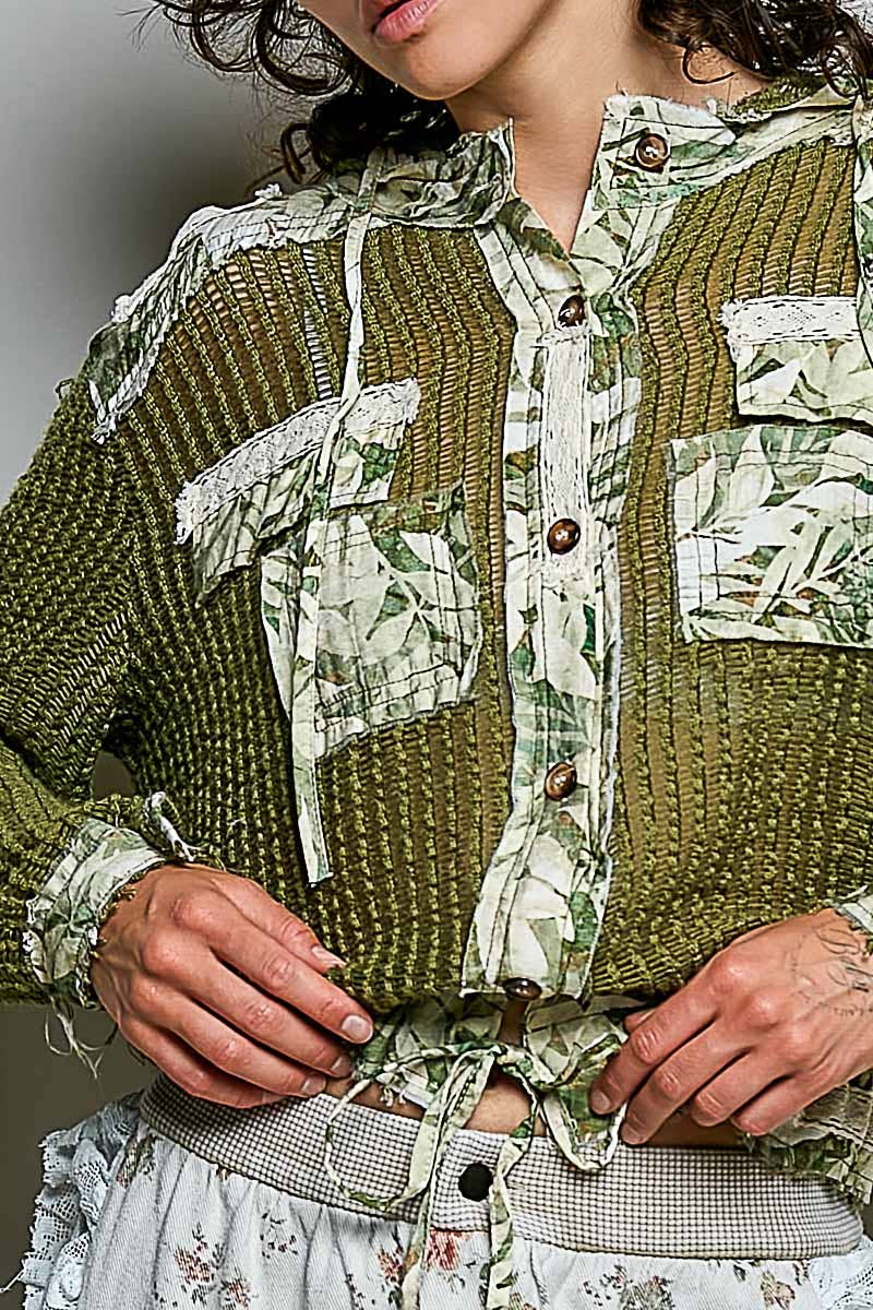 Vintage Washed Floral Print Patch Crochet Jacket