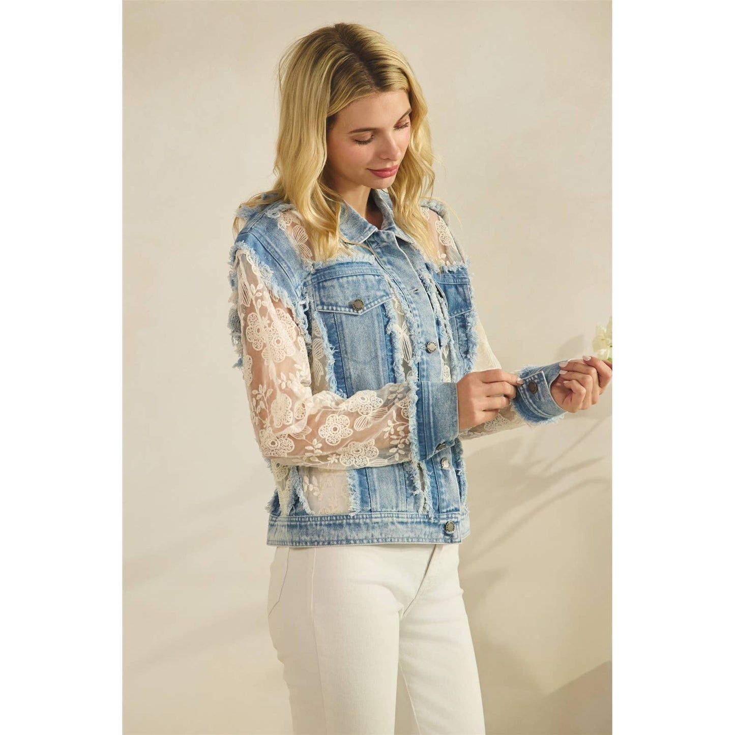 Denim Jacket with Floral Organza Inset