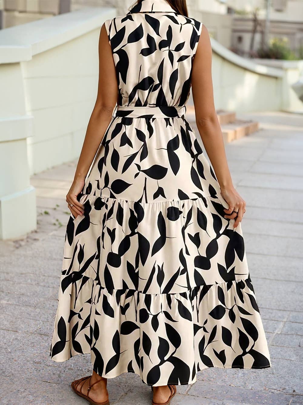 Leaf Print Sleeveless  Collar Neck Dress