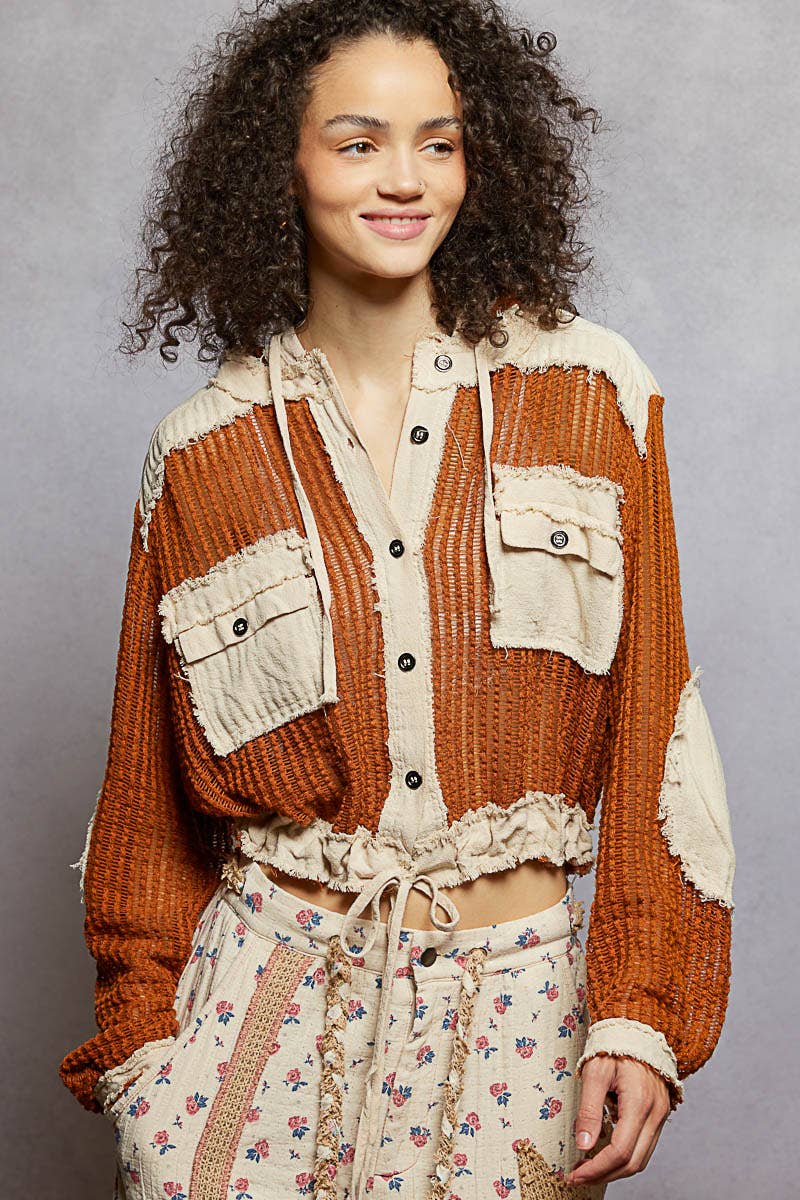 Open Knit Button Down Pocket Front Hooded Shirt Top SALE