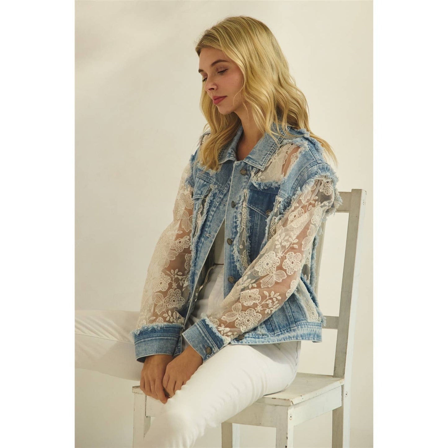 Denim Jacket with Floral Organza Inset