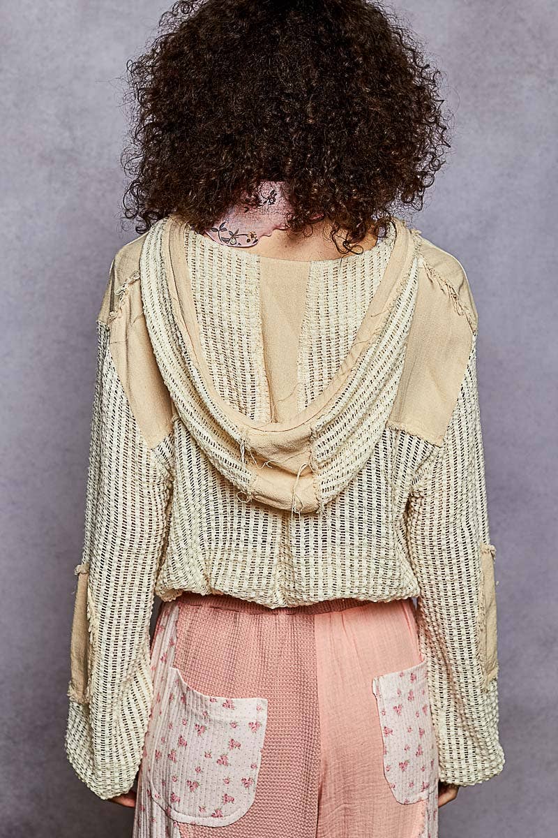 Open Knit Button Down Pocket Front Hooded Shirt Top SALE