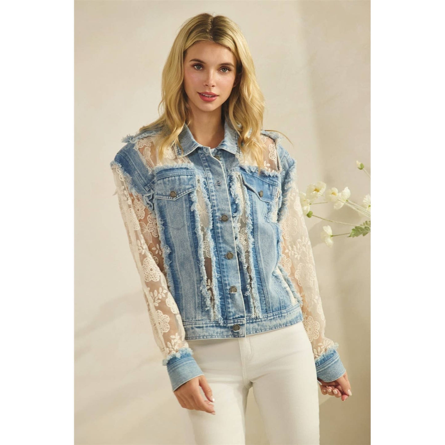 Denim Jacket with Floral Organza Inset