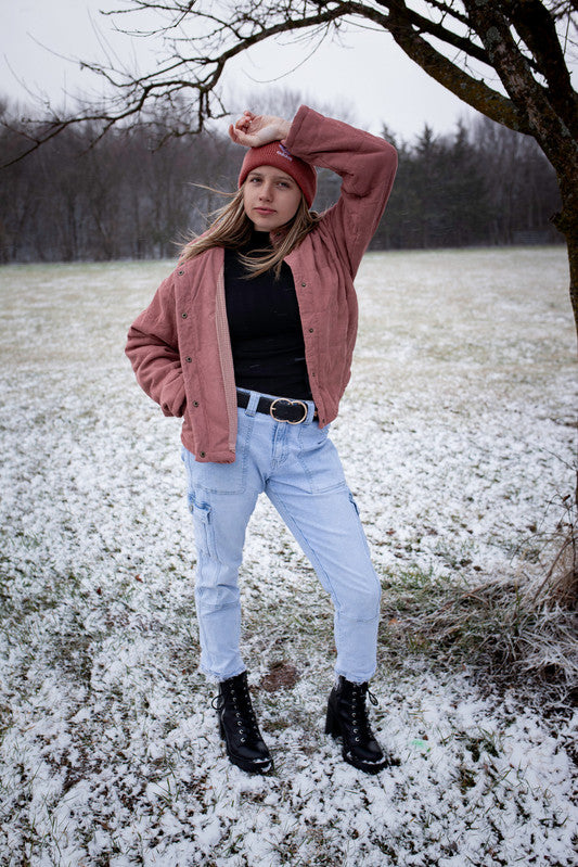 Pink corduroy puff jacket